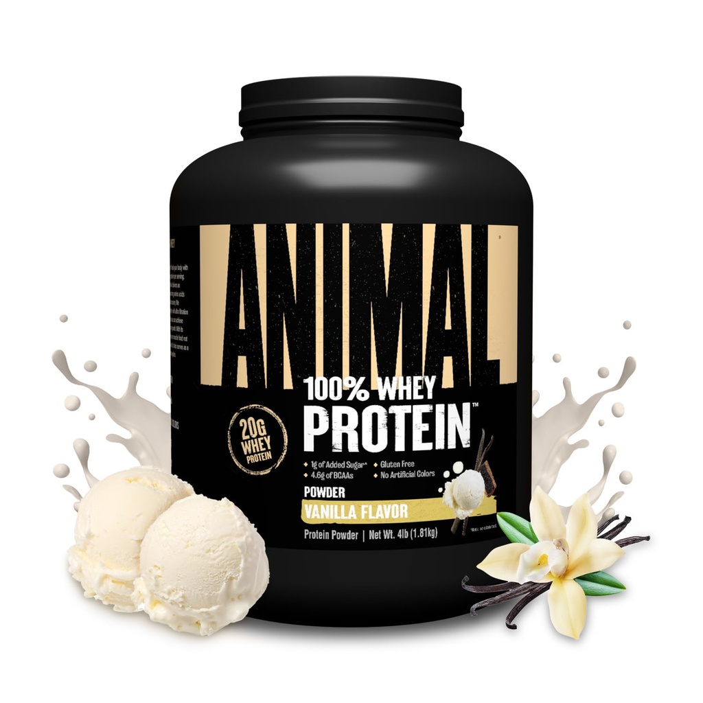 Animal 100% Whey Protein Powder – Whey Blend for pre trening eller post trening, gjenoppretting, eller en når som helst lav sukkerprotein Boost måltid erstatning med BCAA grened kjede Aminosyrer – Vanilla, 4 lb