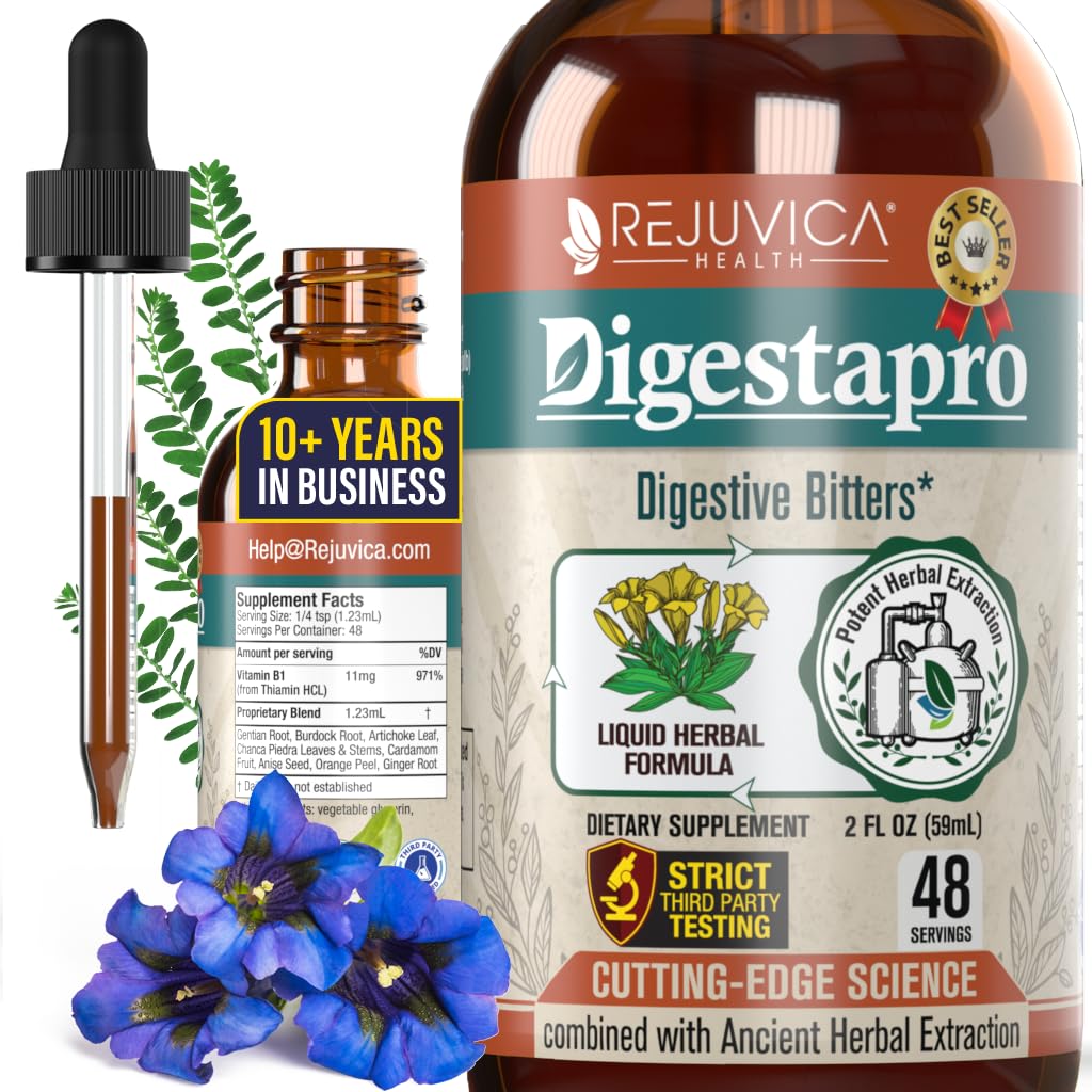 Rejuvica Health DigestaPro - Avansert Digestive Bitters Supplement - Flytende levering for bedre absorpsjon - Gentian, Artichoke, Burdock, Chanca Piedra, Ginger og mer!