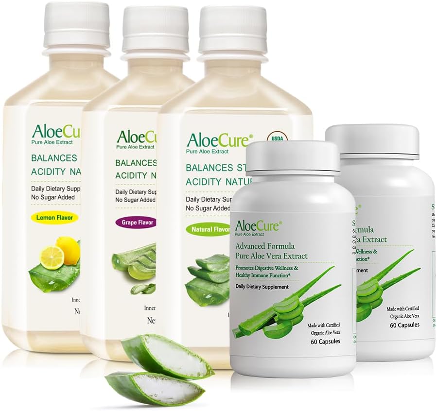 AloeCure Organic Aloe Vera Digestion Set - 5 Pack - Grape, Naturlig, Lemon Flavor Juice, 2pcsxAloe Vera Capsules 60 Caps