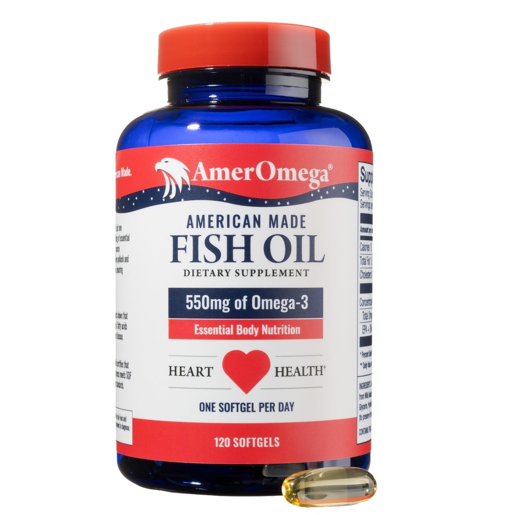 AmerOmega Triglyceride Omega-3 Fish Oil for Heart Health Support - Wild-Caught Alaskan Walleye Pollock - American-kildet, amerikansk-made - Non-GMO, Glutenfri & Dairy-Free - 120 Softgels