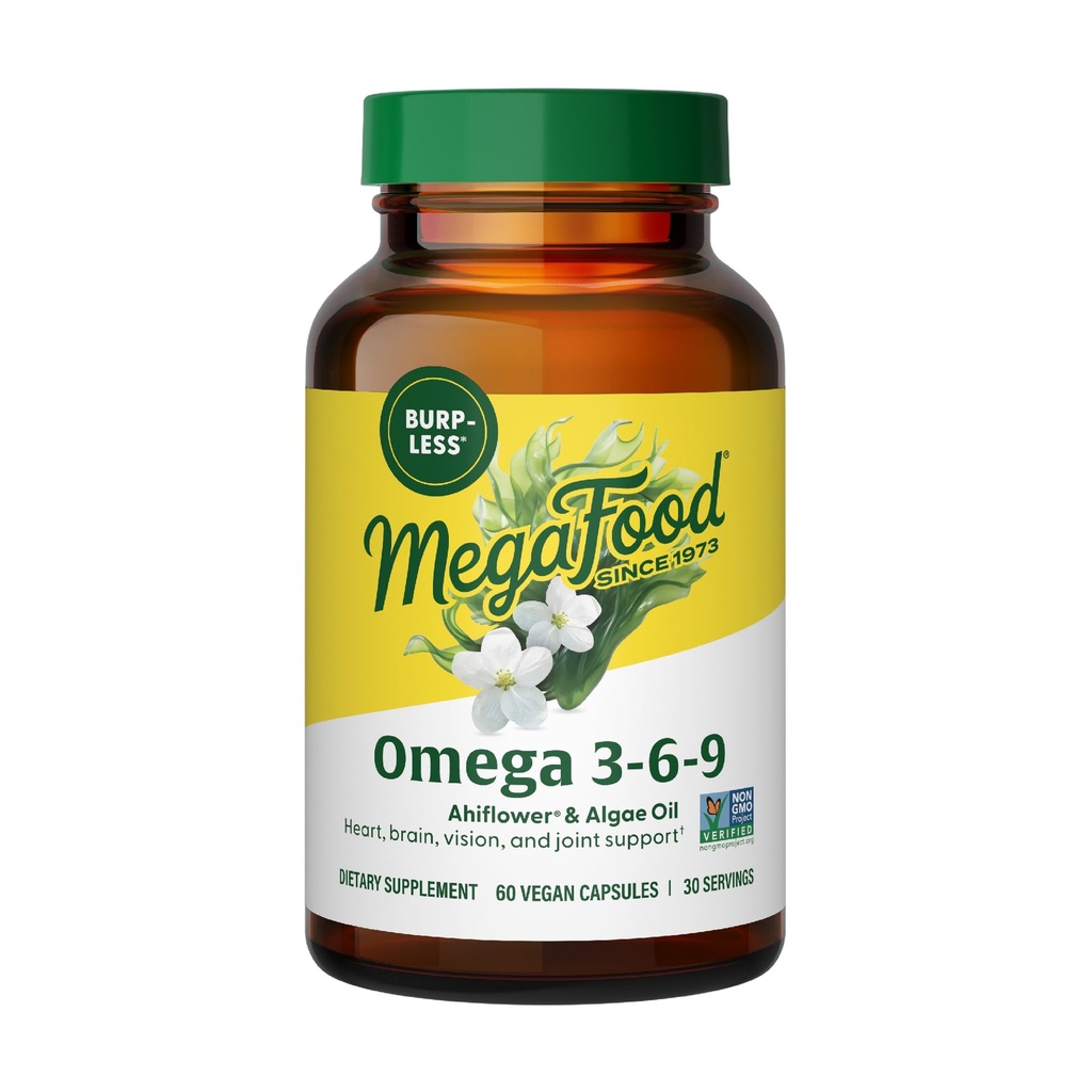 MegaFood Vegan Omega 3 6 9 - Burp-Less Supplement - 600 mg plantebasert Omega 3 & 150 mg DHA Per Serving - hjerte, hjerne, visjon og felles støtte - fiskeolje alternativ - 60 kapsler, 30 serveringer