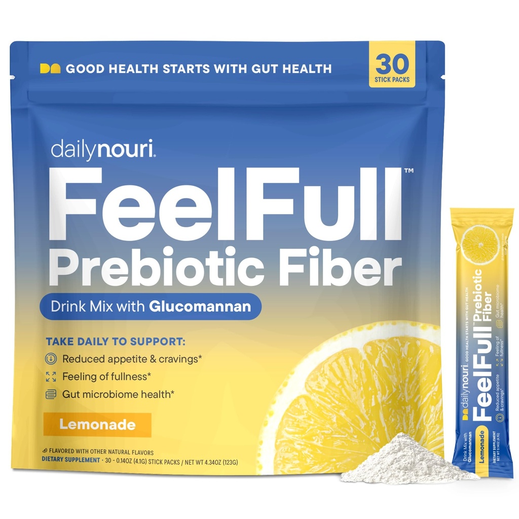 Daglig Nouri FeelFull Prebiotic Fiber Drink Mix | Støtter naturlig fullhet, Appetitt & cravings Control, Gut & Metabolic Helse | Oligofruktose, Glucomannan & Chromium | 30 Stick Packs