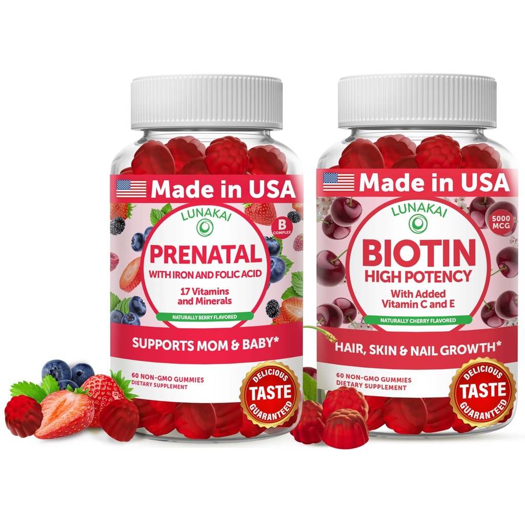 Lunakai Prenatal og Biotin Gummies Bundle - Graviditet Multivitamin Gummy med jern og folsyre - hår hud og negler vekst Supplement med vitamin C og E - 30 dagers forsyning