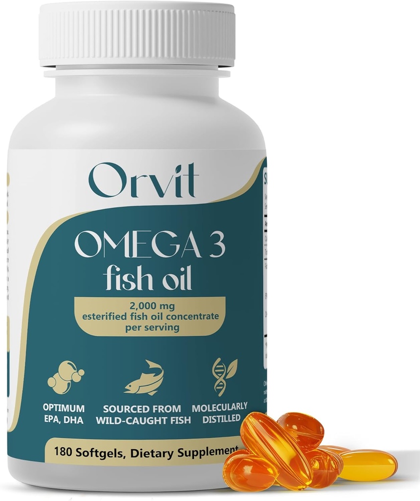ORVIT Omega 3 Fiskeolje Softgel 2000 mg - Ultimate EPA DHA Supplement for menn og kvinner - Burpless - Ingen fiskende smak - Unflavored 180 Softgels - organisk, ikke GMO - laget i USA
