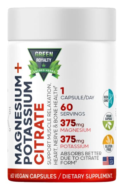 Magnesium Citrat + Kalium 60 Premium Vegan Kapsler (Citrat 375 mg) + (375 mg Kalium) Ikke GMO, Glutenfri - høy absorpsjon Supplement laget i USA