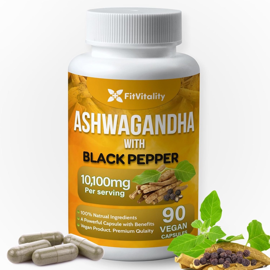 Ashwagandha Capsules, 90 Vegan Capsules, 10,100 Mg per kapsel - 100% naturlig Ashwagandha Root Extract pulver og svart pepper ekstrakt, ikke-GMO, Glutenfri