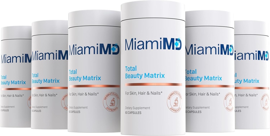 MiamiMD Total Beauty Matrix kollagen kosttilskudd for kvinner - collagen kapsler med vitamin C for hår, hud og negler - Cruelty Free - (60 kapsler) - 6 pakke