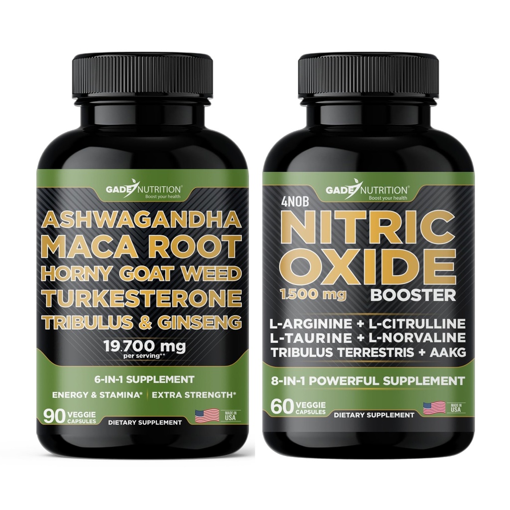 Gade Ernæring Ashwagandha med Maca Root, Horny Goat Weed, Turkesterone, Tribulus Terrestris, Panax Ginseng + Nitric Oxid Booster - Bundle for energi, Vitality, ytelse, Pump