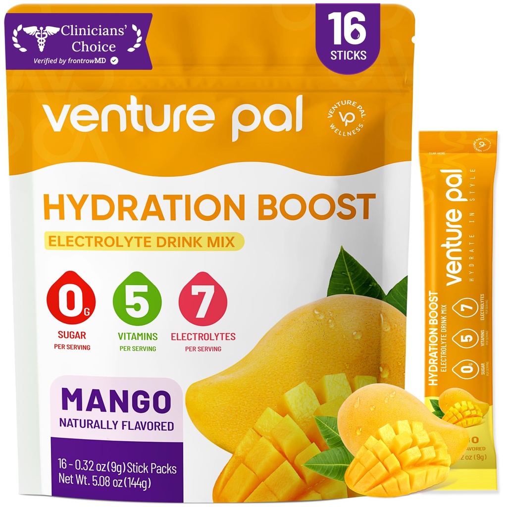 Venture Pal Sukker Gratis Elektrolytte pulver pakker - flytende daglig IV Hydration Packets | Elektrolytter Drikke Blande med 5 Vitaminer og 7 Elektrolytter | Keto Vennlig | Ikke-GMO | Certified Vegan | 16 Sticks