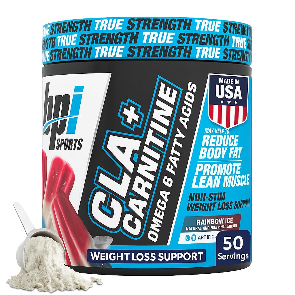 BPI Sports CLA + karnitinpulver – ikke stimulerende fettforbrenner for vekttap, metabolisme og leanmuskel – koffeinfri – regnbue Ice 50 serveringer – 12,34 oz