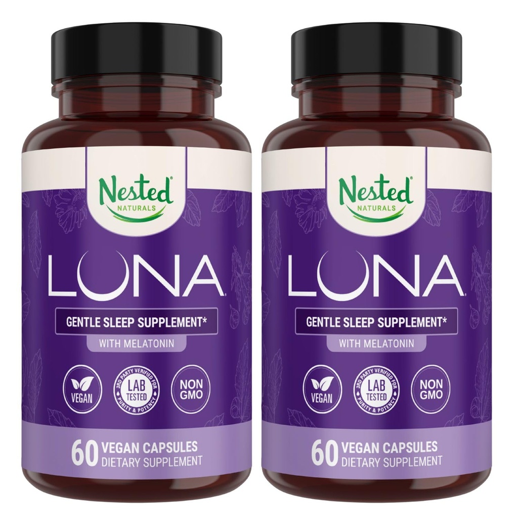 Nestet Naturals Luna Sleep Aid - Ikke-habit Forming Natural Sleeping Piller for voksne med naturlig kildede ingredienser - Valerian Root, Melatonin, Kamille, Lemon Balm, og mer - 120 Vegan Kapsler
