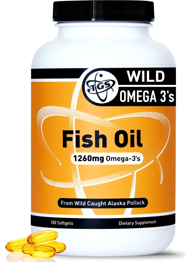TGS trippel styrke Omega 3 Fish Oil Supplement - 1260 mg EPA DHA for menn og kvinner - Burpless, ren Omega 3 fettsyrer fra Wild Alaska Pollock i triglyceridform - 180 kapsler, 90 serveringer