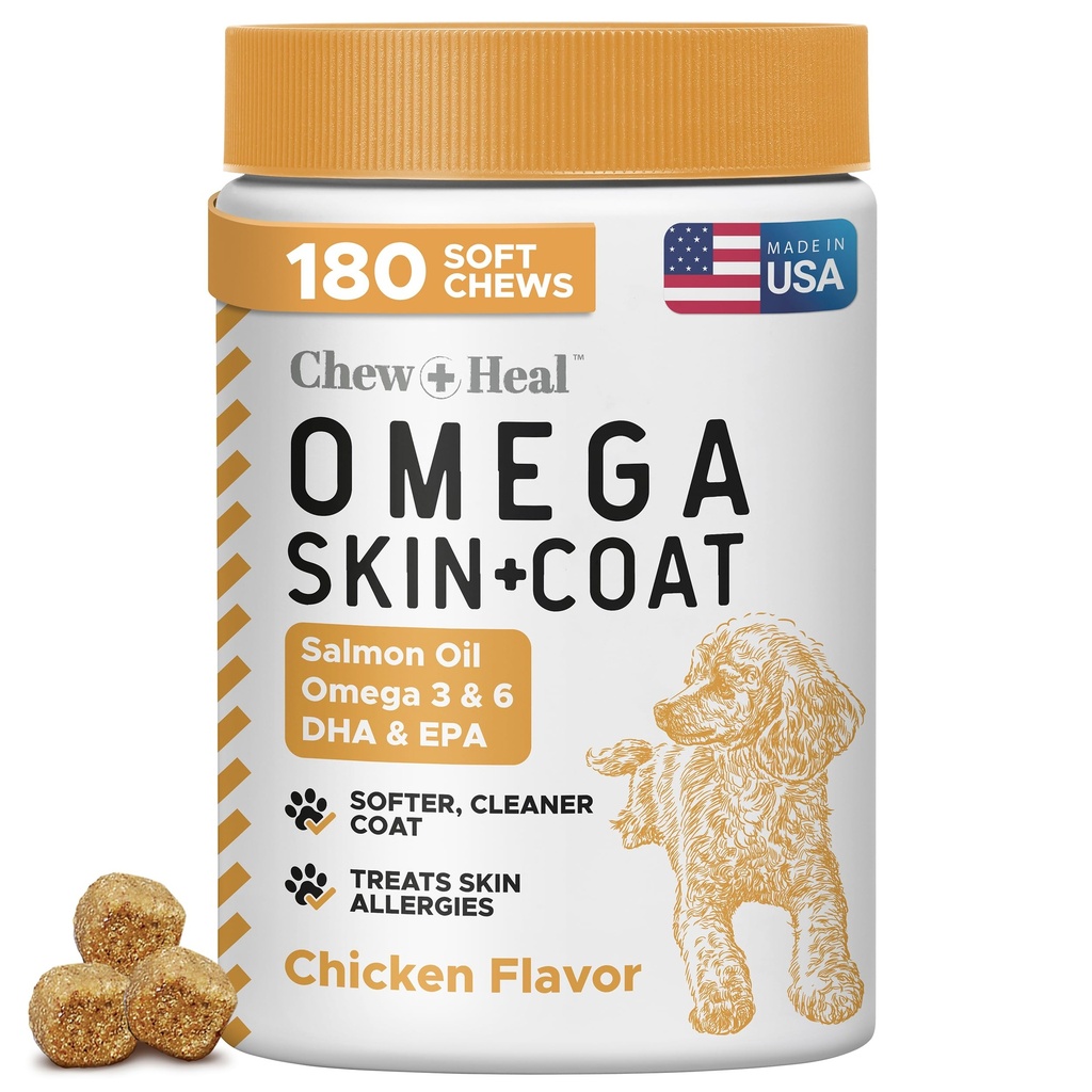 Laksolje for hunder - 180 myk Chew Omega behandlinger for hud og coat - Fiskeolje blanding av essensielle fettsyrer, Omega 3 og 6, vitaminer, antioksidanter og mineraler - laget i USA