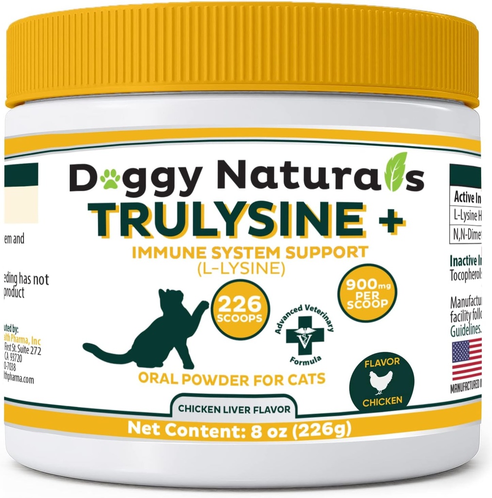 Truessine Plus L-Lysine for katter immunstøtte oralt pulver 8oz/226g - Katter og katter i alle aldre, Sneezing, Runny Nese Squinting, Vannige øyne kylling lever flavor (USA)(226 Grams (900mg / Scoop)))