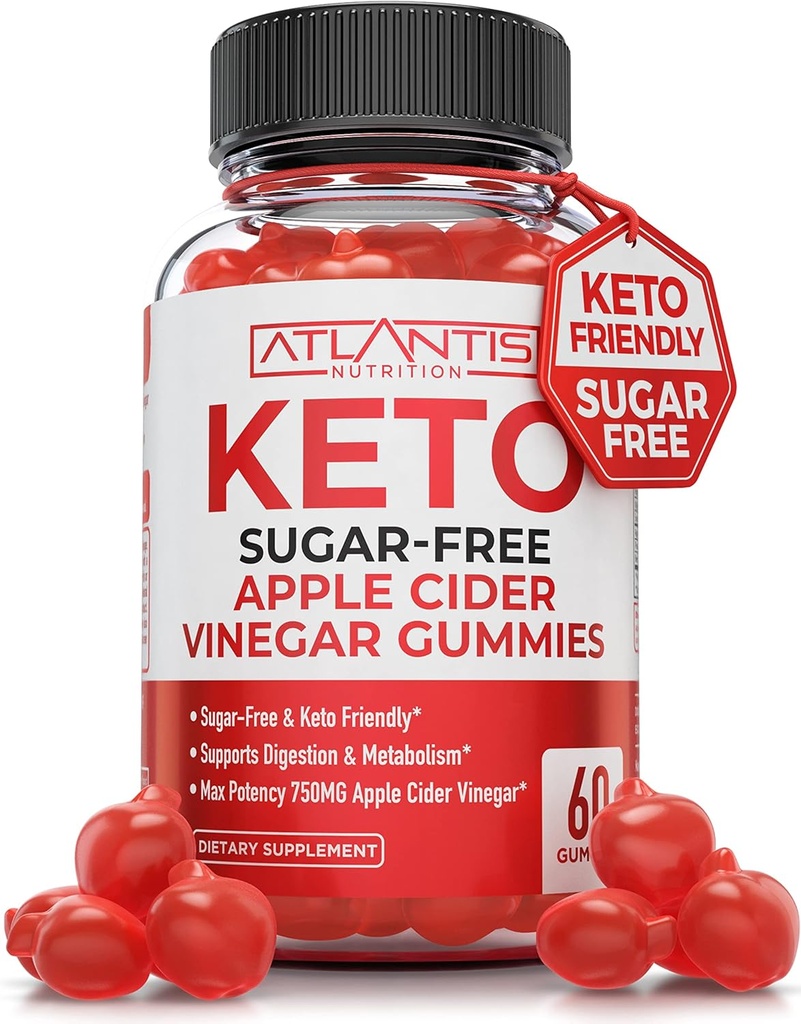 Atlantis Ernæring Sukkerfri Keto ACV Gummies for vekttap - Apple Cider Vinegar Gummies Formulert med 750MG ACV Per Serving - Støtter Digestion, Vekttap, Detox & Cleansing - 60 greve