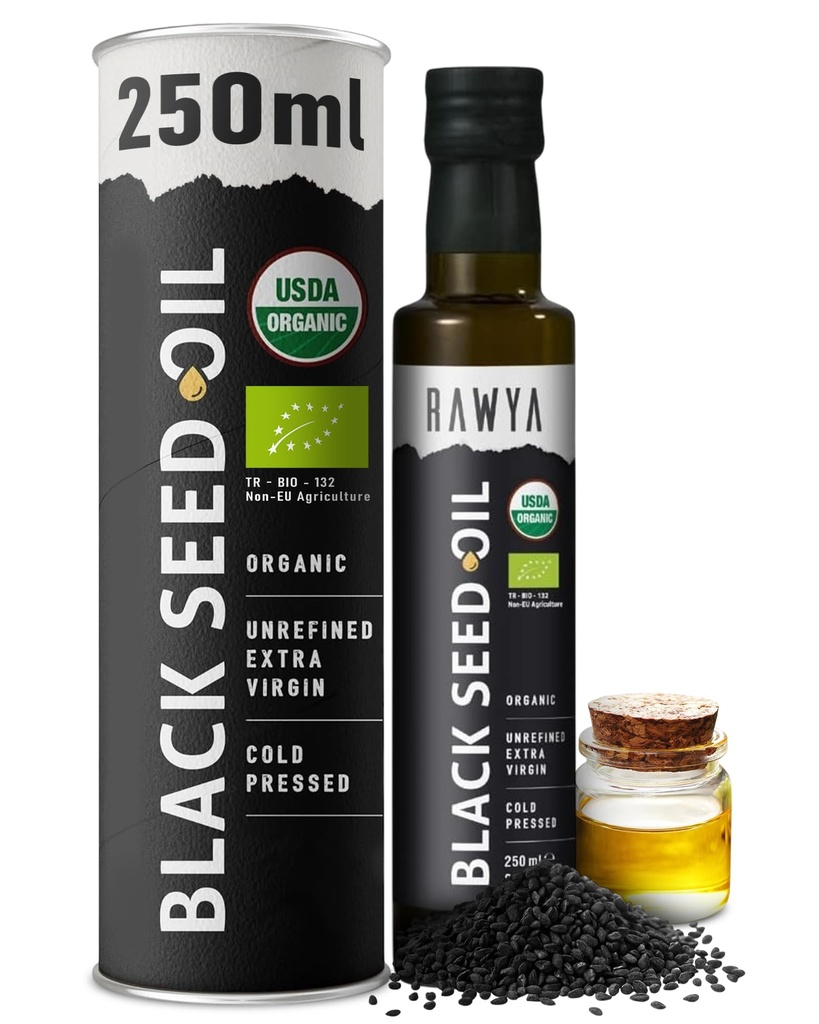 RAWYA Black Seed Oil - USDA Organic Certified - Cold Pressed - 8,4 Fl oz - Extra Jomfru - Tyrkisk Black Cumin Seed - Premium Nigella Sativa med Thymoquinone - Kalonji - Ikke-GMO, Glutenfri - Næringstilskudd - Ekstra sterk smak