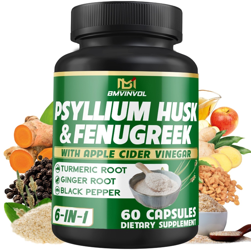 BMVINVOL Psyllium Husk Fiber Supplement t med Fenugreek, Apple Cider Vinegar, Turmeric, Ginger, Svart Pepper- Digestion Helse Support - 60 Kapsler