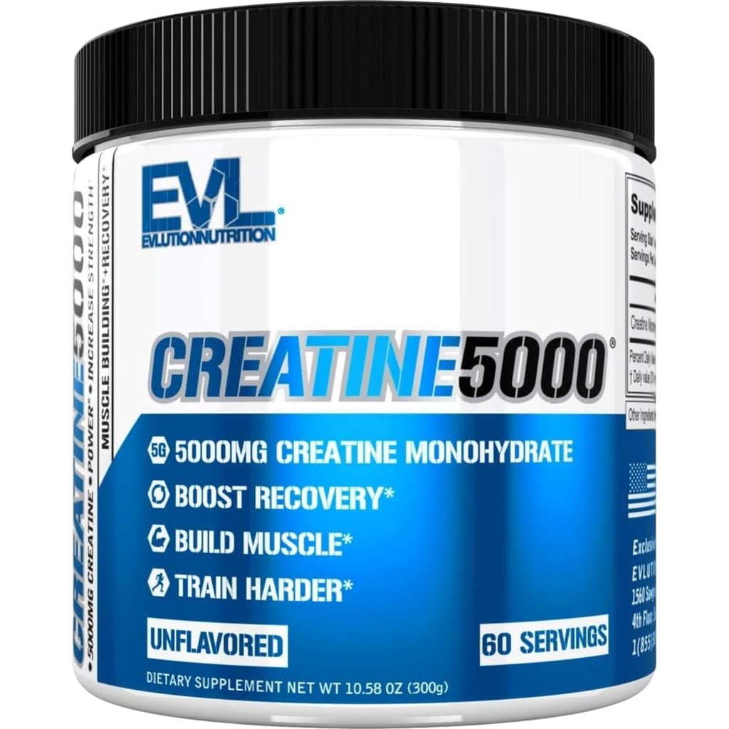 Evlution Nutrition Kreatin 5000 - Støtter raskere gjenoppretting, lean muskelvekst og ytelse - Pre & Post Workout pulver - 5000 mg ren kreatinmonohydrat per servering - 60 serveringer - Unflavored