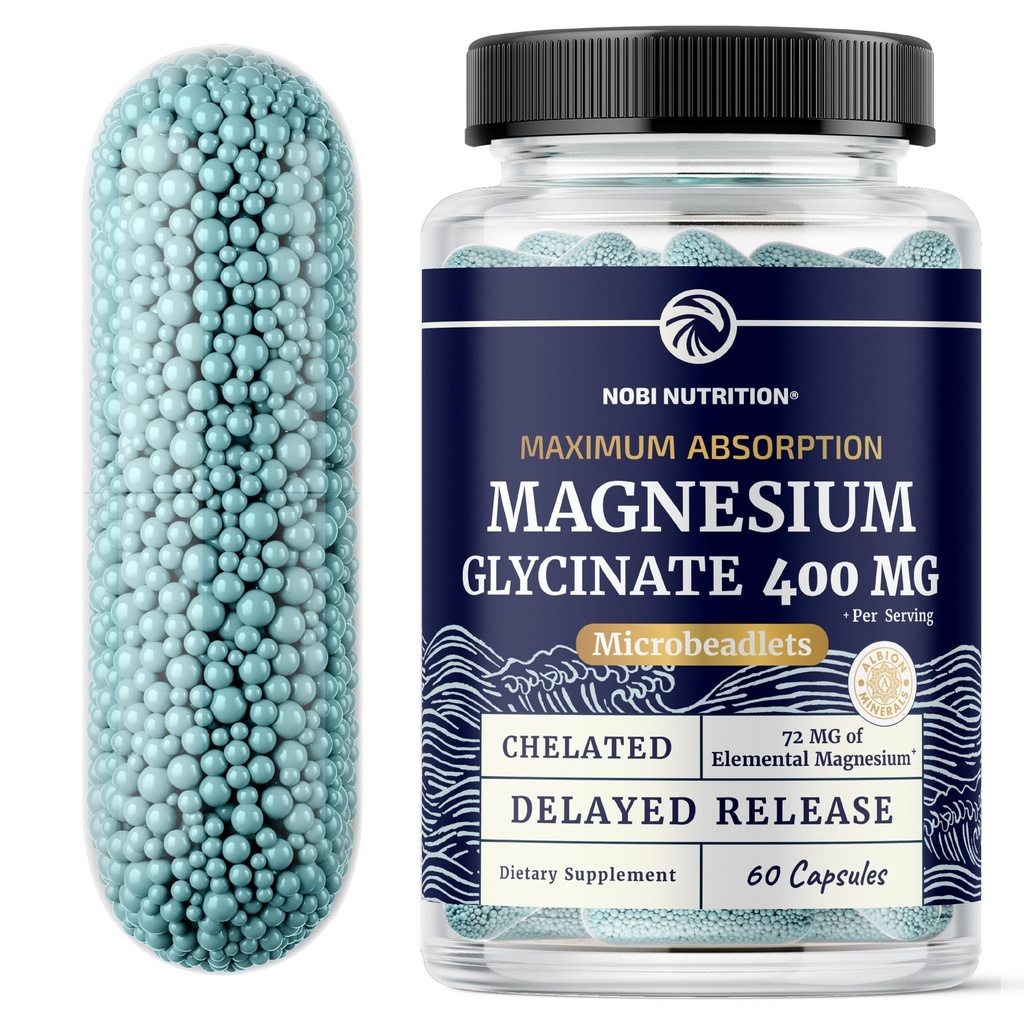 Magnesium Glycinate 400 mg høy absorpsjon Magnesium for søvn, rolig, muskelavslapning, hjerte, bein og nerve støtte for kvinner og menn | Avanserte mikrobeadlets | Chelated Mag Glycinate | 60 Ct.