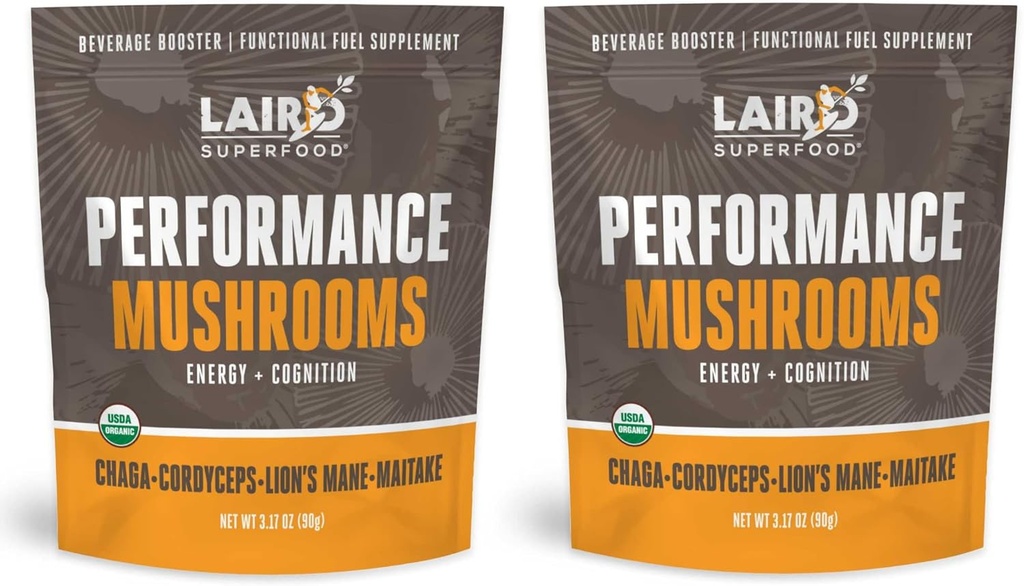 Laird Superfood Organic Performance Mushroom Blend med Chaga, Cordyceps, Lion's Mane og Maitake for energi og kognisjon, 3,17 oz. Bag, pakke med 2