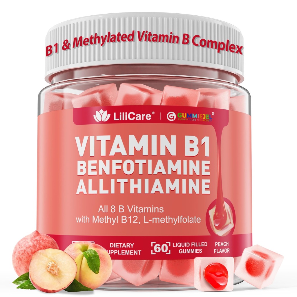 Vitamin B1 & metylert vitamin B-komplekser - alle B-vitaminer, Benfotiamin, Thiamin & Inositol, Metylert B1 B2 B6 Multivitaminer, L-metylfolat, Metyl B12 for Nerve Kognisjonsenergi, 60 Cts
