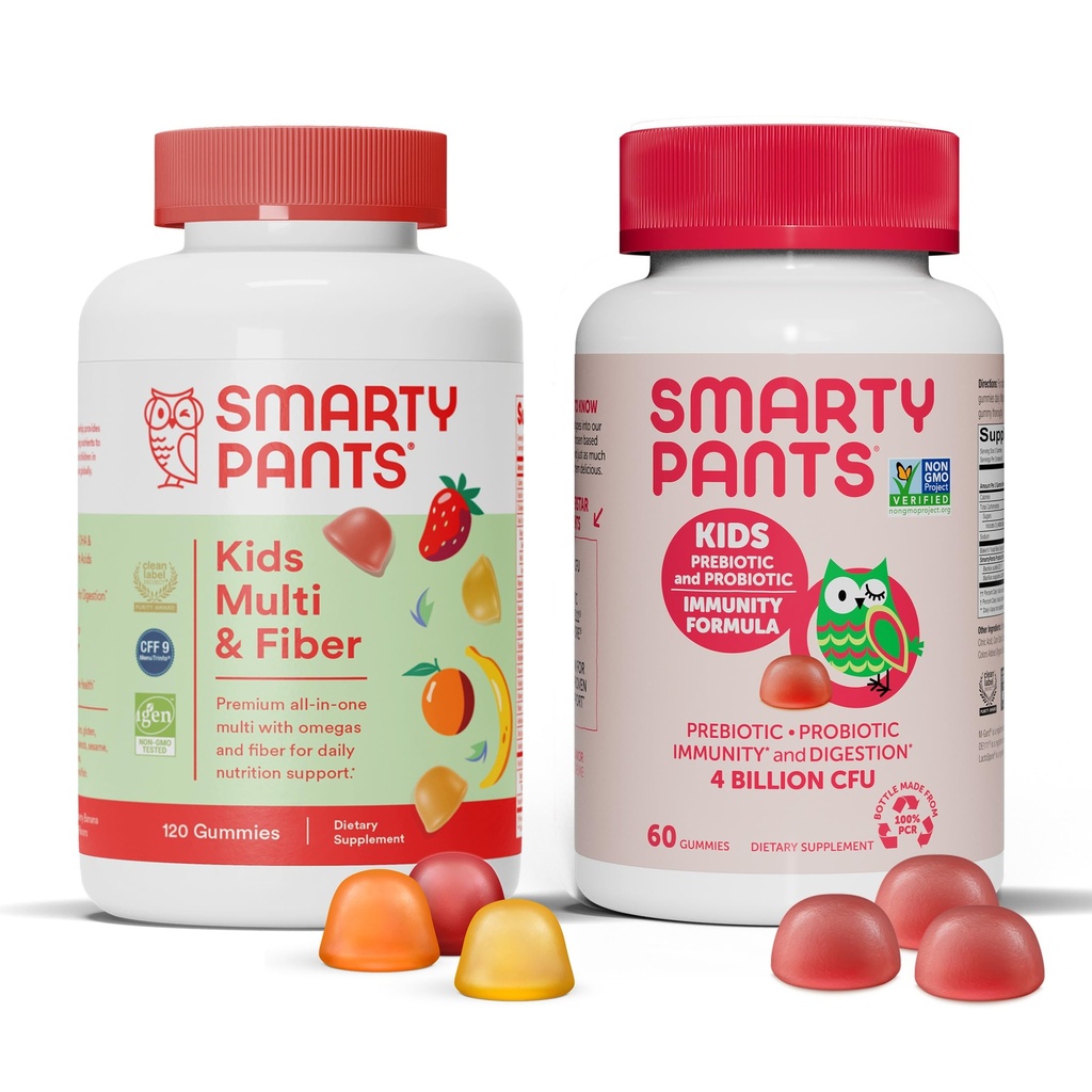 SmartyPants Kids Multivitamin Fiber Supplement Gummies og probiotisk immunisme Bundle: Omega 3 Fish Oil (EPA / DHA), vitamin D3, C, vitamin B12, B6, Digestiv og immun støtte Supplement (30 dagers forsyning)