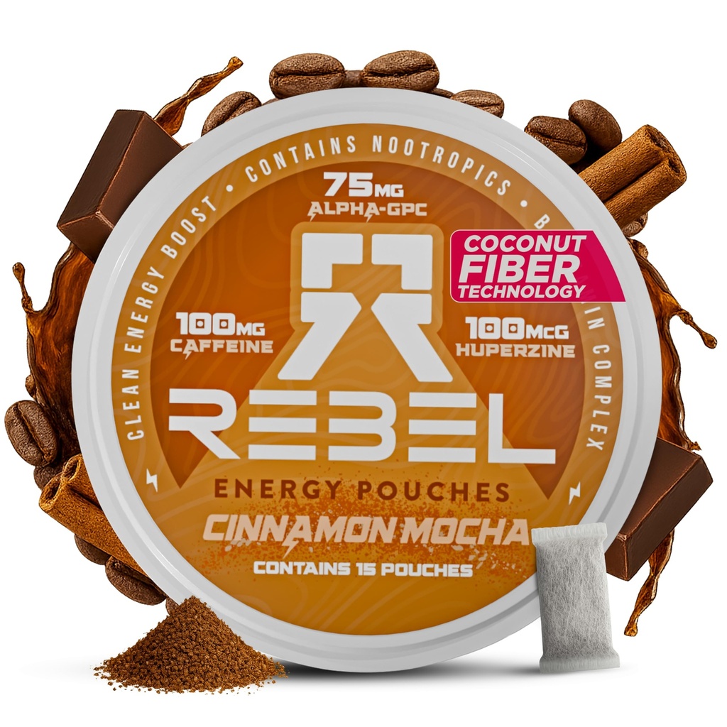 Rebel Nootropic Energy Koffein Pouches (Cinnamon Mocha) • 100mg Koffein • Alpha GPC • Huperzine A & Essential Vitaminer • Sukkerfri • Kokosfiberteknologi • 15 Pouches Per Can (pakke med 1)