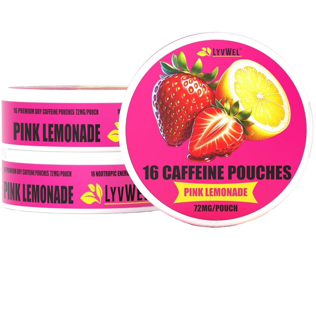 LyvWel 72mg Koffein Energi Pouches Nootropic Focus & Neuro Support | 3-Pack med 16 Pouches Per Can | Tobak-fri, Nikotin-fri, Quick Energy Solution (3 Pack, Pink Lemonade)