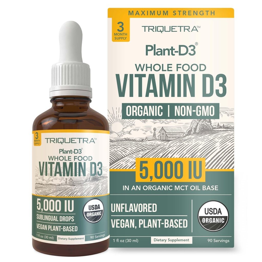 Plant-D3 Organisk vitamin D3 5000 IU - Vegansk, Maks styrke sublingual flytende D3 dråper - 200% høyere absorpsjon - 100% Plant-basert kolekalciferol form - Justerbar dosering for alle aldre (1oz væske)