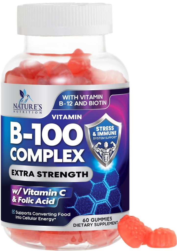B Komplekst Supplement Gummier med vitamin C & folsyre, Extra styrke Super Vitamin B Gummy med Niacin, B6, Folinsyre, B12, Biotin, Naturens Energi Immun støtte Supplement - 60 Gummies