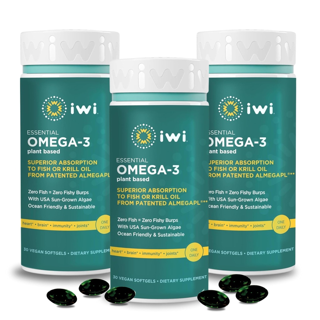 Iwi Omega-3 Essential, 90 Softgels (90 serveringer), Plantebasert Algae Omega 3 med EPA + DHA, hjerne, hjerte og immun støtte kosttilskudd, krill & fiskolje alternativ, ingen fiskelig ettersmak