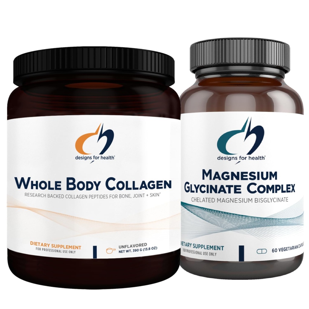 Designer for helse Magnesium Glycinate Complex (60 kapsler) og hele kroppen kollagen (30 serveringer) Bundle - høy absorpsjon Magnesium med Premium kollagen pulver å støtte bein, hud og ledd