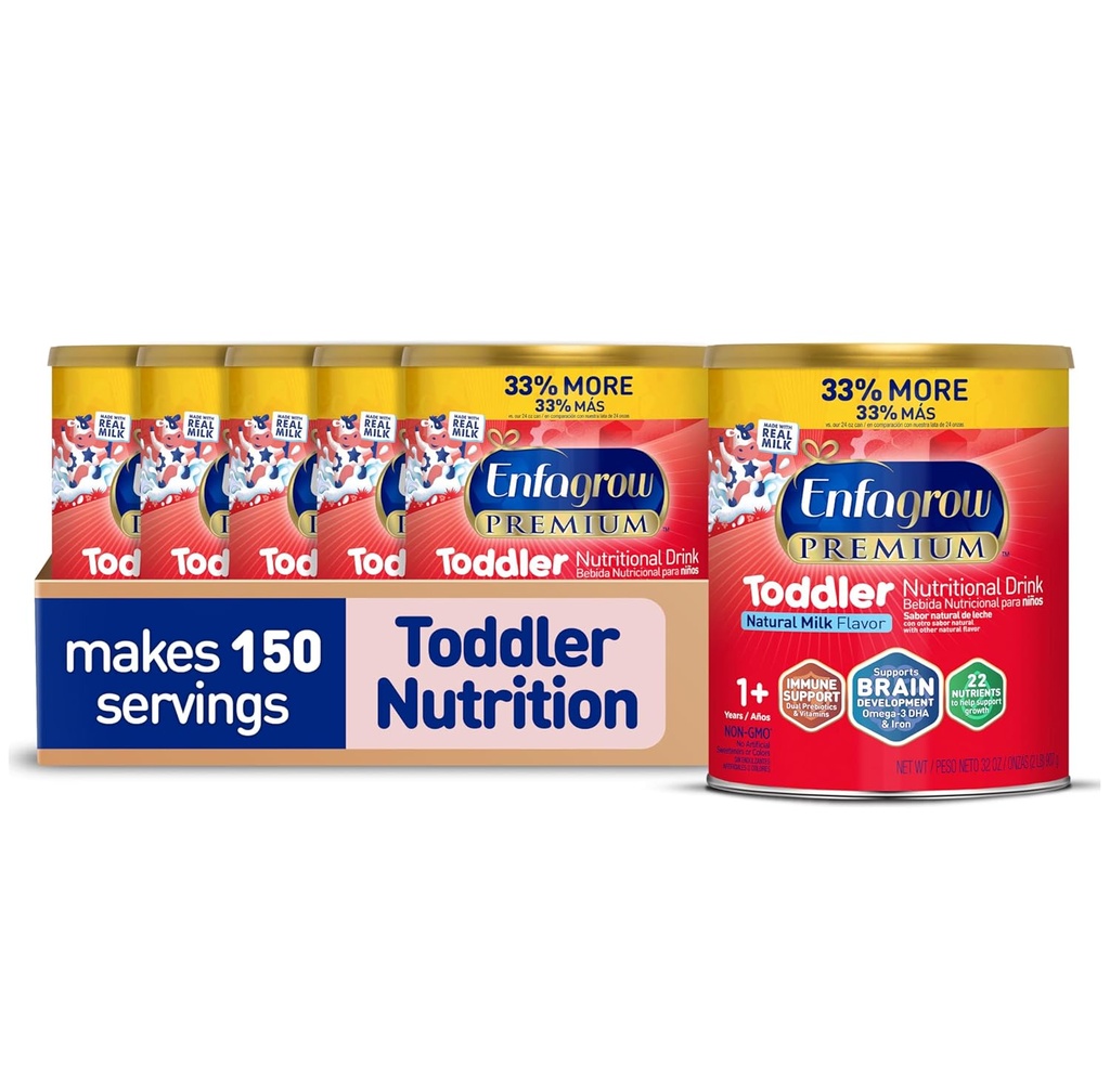 Enfagrow PREMIUM Toddler Ernæringsdrink, laget med ekte melk, Brain-building Omega-3 DHA, Næringsstoffer og prebiotika for vekst og immunstøtte, ikke-GMO, Toddler Melkepulver, 32 Oz Can, 6 greve