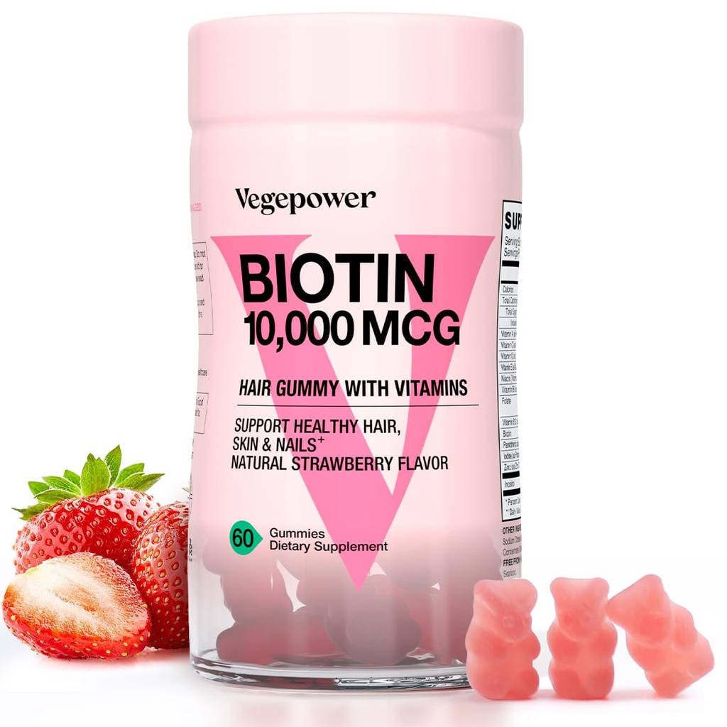 Biotin Gummier for hårvekst 10000mcg - Vegan Biotin Vitaminer støtter sunnt hår, hud og negler, hår vitamin Gummy for kvinner og menn - ikke-GMO, Chewable Supplement