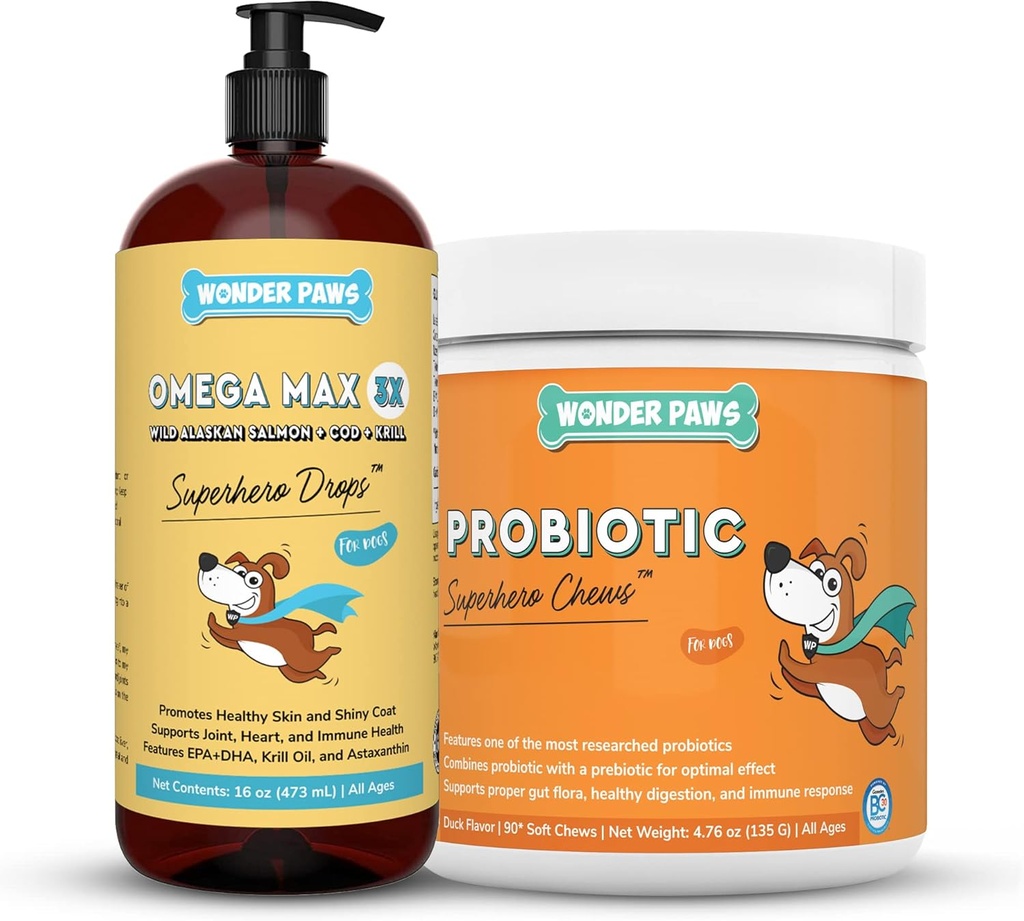 WONDER PAWS Omega Max Fish Oil Plus Probiotic Chews - for hund felles helse, hudbevegelse, Gut helse og daglig velvære - Omega Max 16 ovner - Probiotic 90 Chews