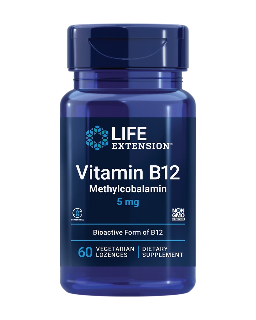Livsforlengelse Vitamin B12 Metylkobalamin, Nerve Helse Supplement, Kognitiv støtte, Energivitamin, metylkobalamin B12, 5 mg, Quick-Dissolving, Glutenfri, Ikke-GMO, Vegetarisk, 60 lozenger