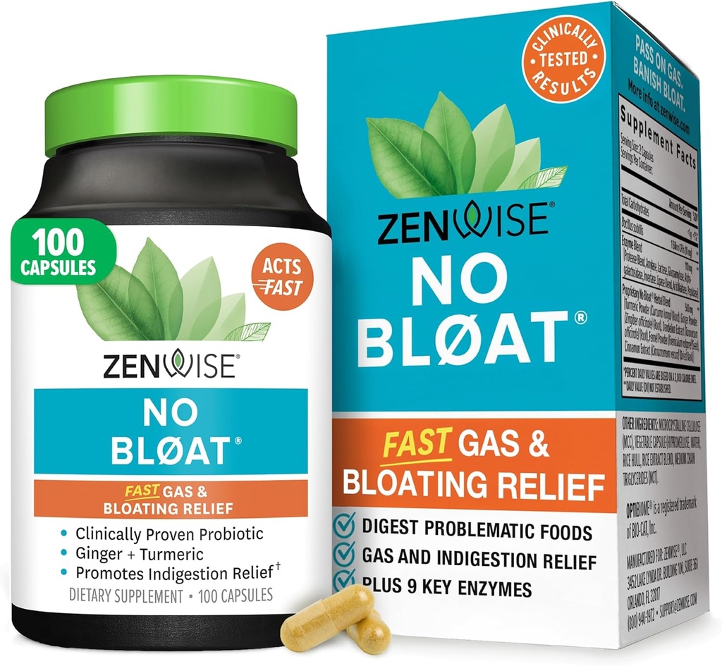 Zenwise Helse Ingen Bloat Digestive Enzymer for Gut Helse, Gas & Bloating Relief - Multi Enzymes Digestion Supplement med probiotika, Ginger, Turmeric Dandelion & Lactase - Menn & kvinner - 100 greve