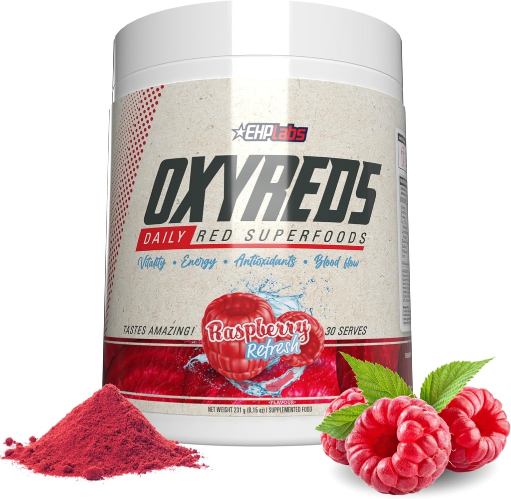 EHP Labs OxyReds Superfood Beets pulver - Nitric Oxid Supplement, Organic Beet Root Powder, Immune Support Supplement & Prebiotika for Digestive Helse, Beet Powder - Raspberry Frisk, 30 Serveringer