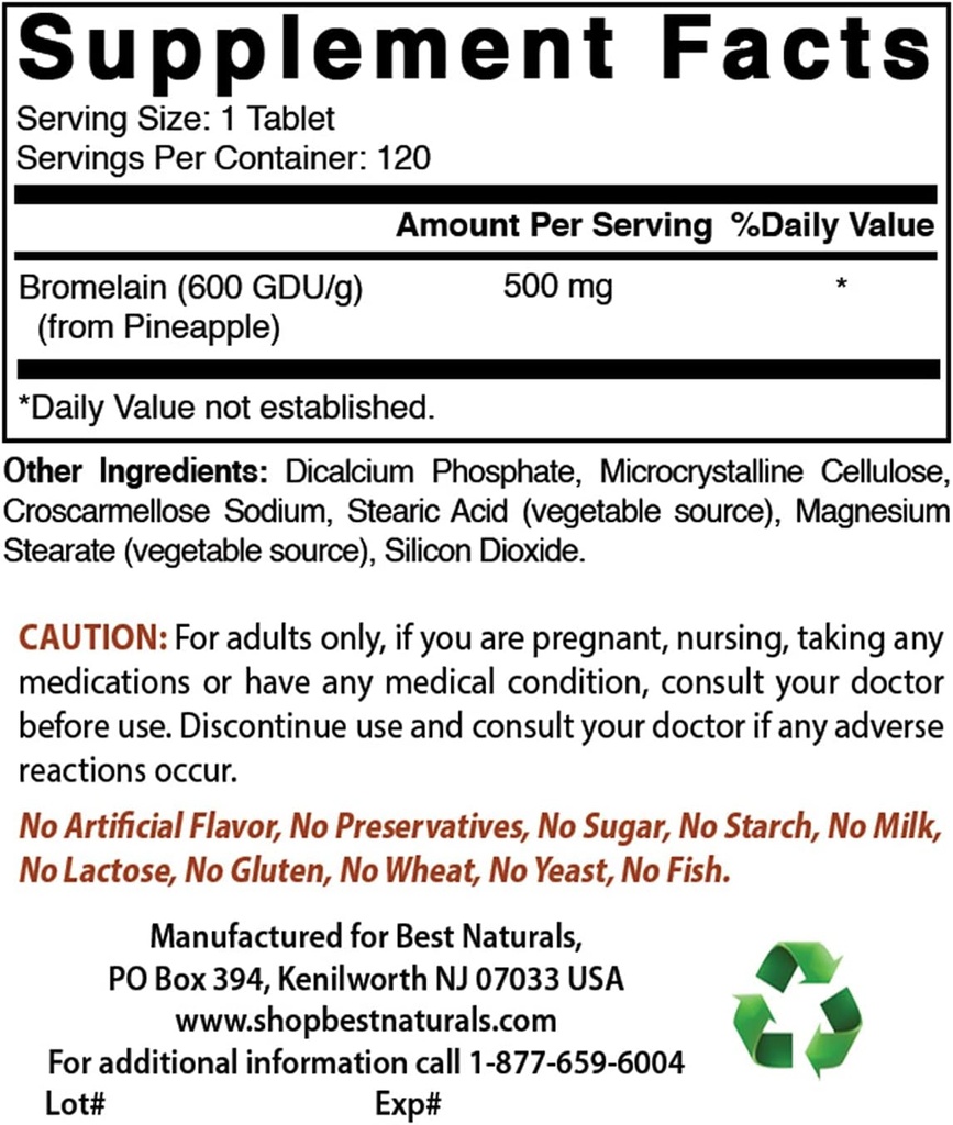 Beste Naturals Bromelain 500 mg og magnesiumglycinat 425 mg
