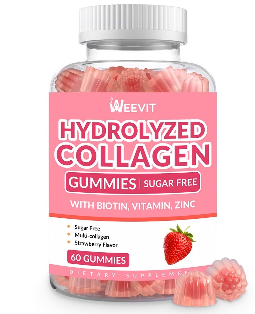 Kollagen Gummi for kvinner, Hydrolysert kollagen Peptider Gummier med Biotin, kollagen kosttilskudd Gummy med vitamin B12, C, D, sink for hårhud Nail