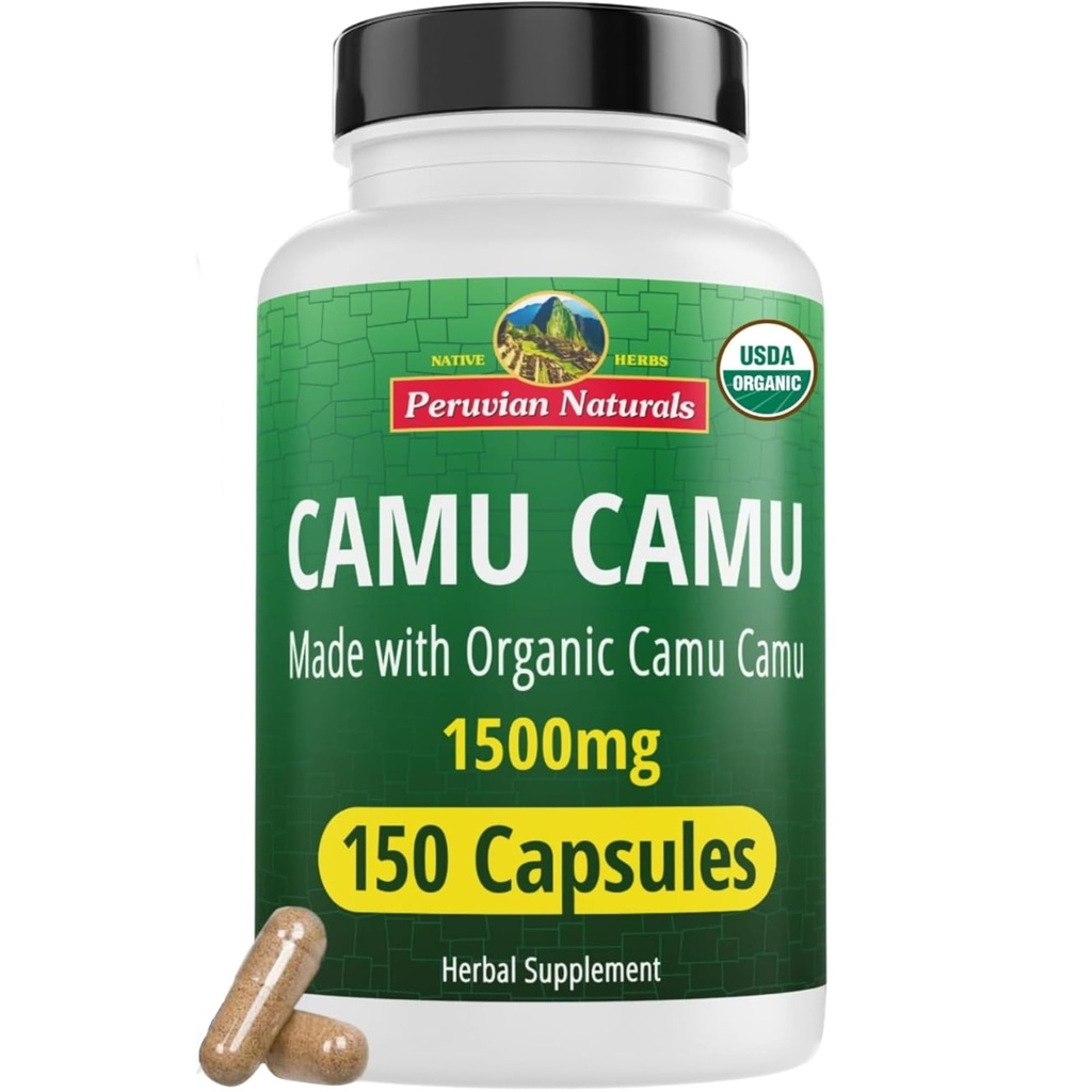 Perun Naturals Organic Vitamin C fra Camu Camu Capsules 1.500 mg - 150 Vegan piller, naturlig vitamin C fra hele maten Camu Berry Organic, ikke-GMO