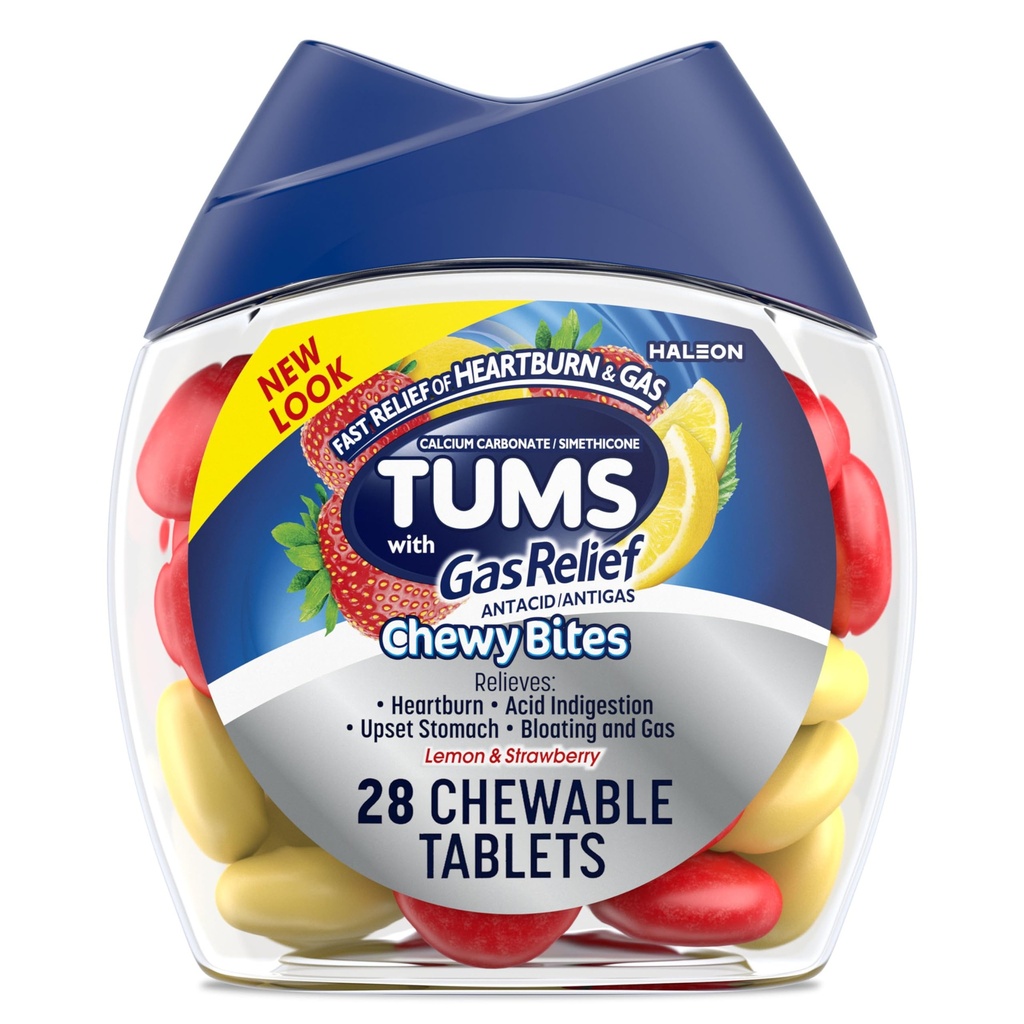 TUMS Chewy Bites Chewable Antacid tabletter med gass relief, sitron og jordbær - 28 greve
