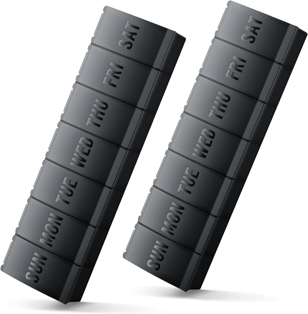 Stor Pill Organizer 2 Pack, Easy-Open Weekly Pill Organizer, XL Daily Pill Organizers, 7 dagers medisin Pill Organizers, medisin Box 7 dager for store vitamin kosttilskudd (Dobbelt svart)