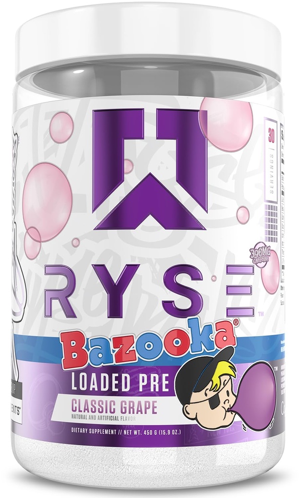 RYSE lastet pre trening pulver - Bazooka Grape - daglig pre-arbeid for menn og kvinner med 390mg koffein, Beta Alanine og citrullin for pumpe, fokus og energi - 30 serveringer