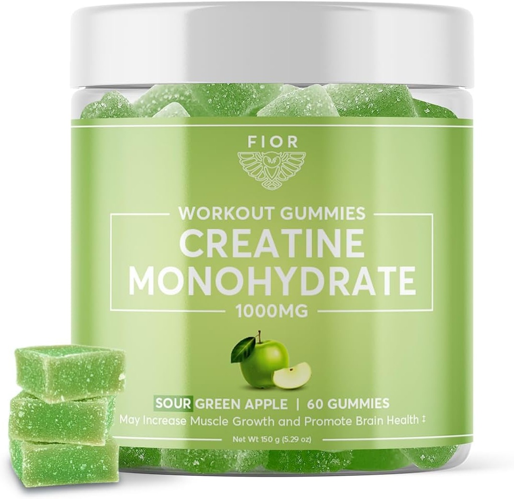 FIOR Kreatin Gummy - Beste kreatinin Monohydrat Chewable, 60 greve, trening og protein Supplement, Kognitiv forbedring, Sour Green Apple Flavor, 30 Services