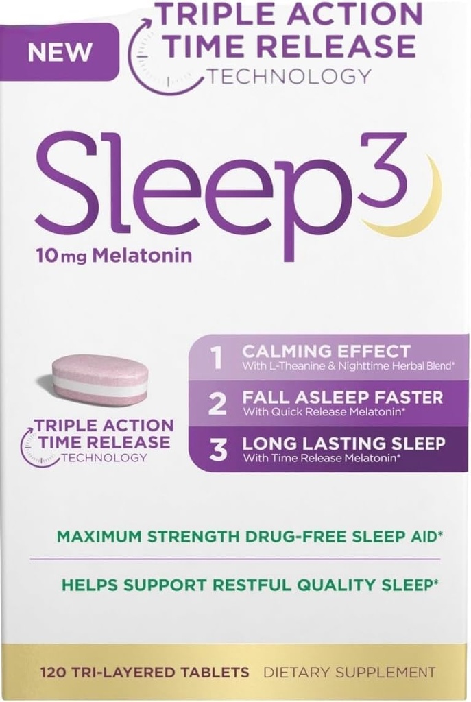 NB Sleep3 Triple Action Time Release Melatonin Sleep Aid, 10mg, Maks styrke, Drug-free, 120 Tri-Layred Tabletter, med L-Theanine