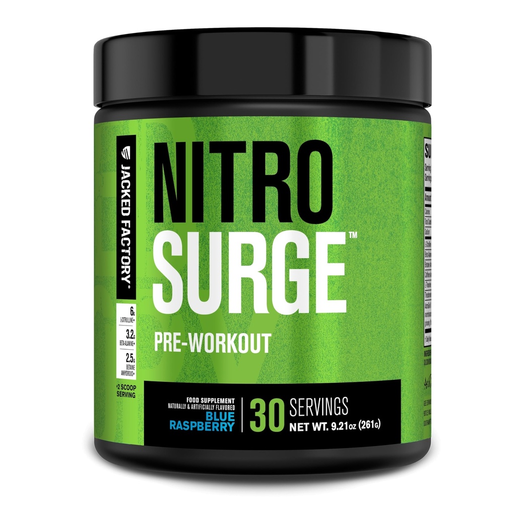 Jacked Factory NITROSURGE Pre Workout Supplement - Energiforsterkning, øyeblikkelig styrke gevinster, klar fokus og intense pumper - Ingen booster og kraftig preworkout energi pulver - 30 serveringer, blå bringebær