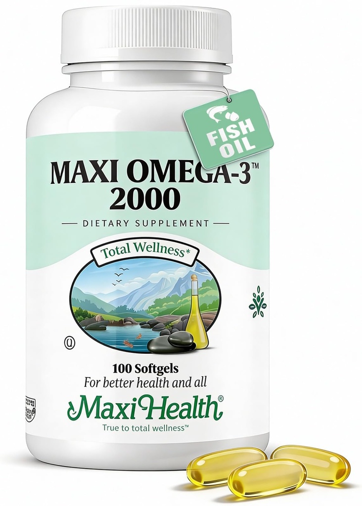 Maxi helse Omega 3 Fish Oil 2000mg – Fish Oil Omega 3 Kosttilskudd med ingen fiskelig ettersmak – Triple Styrke EPA DHA – Kosher Omega3 Supplement for å hjelpe støtte generelle velvære (100 Softgels)