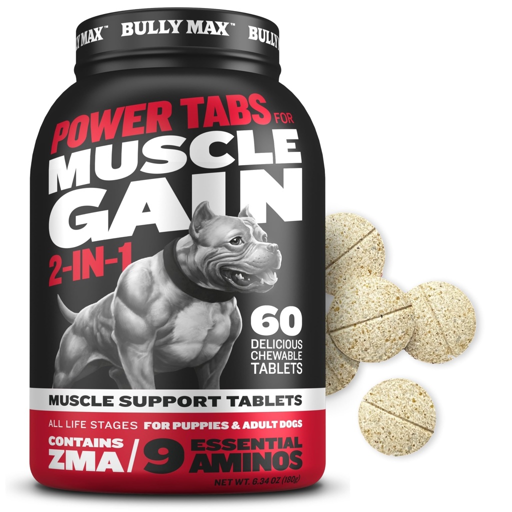 Bully Max 2-i-1 Muscle Builder Chewable Tabletter for valper og voksne hunder - Puppy & Hunde Vitaminer og kosttilskudd for muskel gevinst og vekst - Ultimate Canine Multivitaminer for alle avler og aldre - 60 Tabs