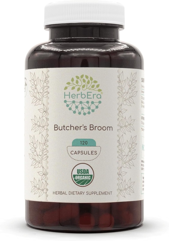 HerbEra Butcher's Broom USDA Organic 120 Kapsler | Naturlig Herbal Supplement | Certified Organic Vegetarian Capsules and Organic Butcher's Broom (Ruscus akuleatus) Tørket rot (120 Kapsler)